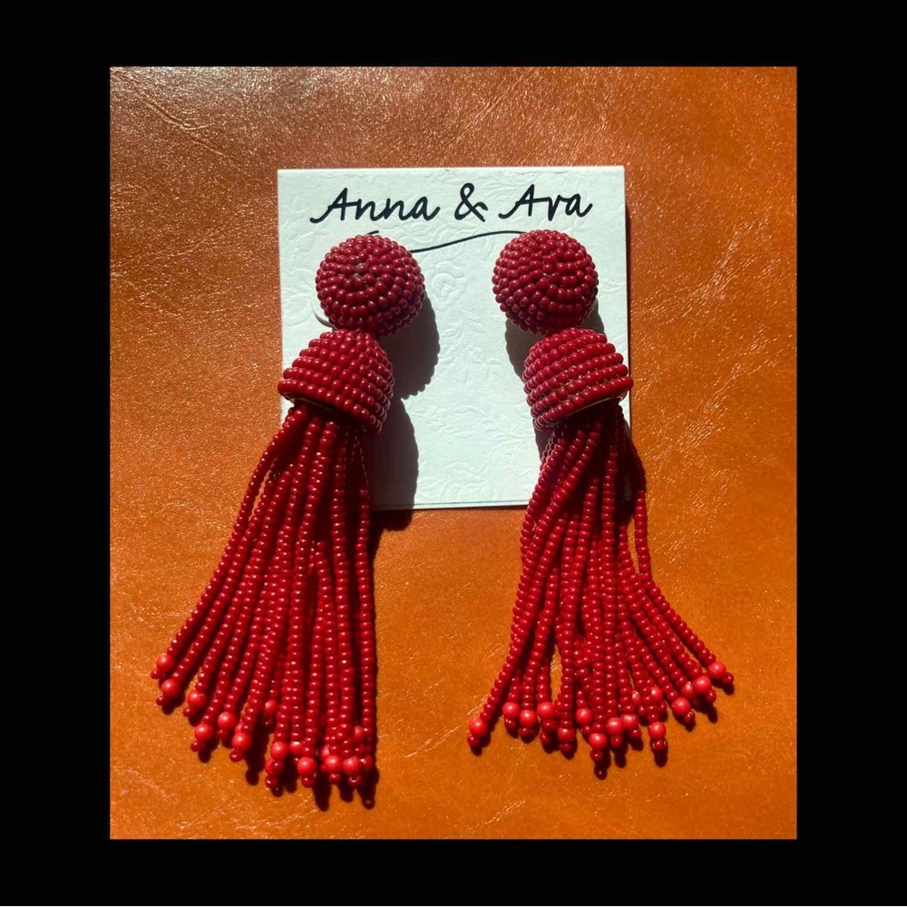 Anna & Ava Red Beaded Tassel Earrings NWT